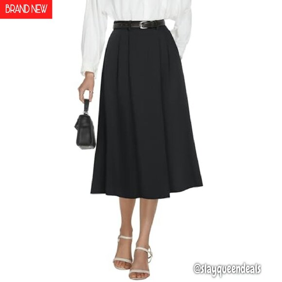 High Waisted Midi Skirt A-Line Pleated Work Skirt with Pockets - Picture 2 of 8